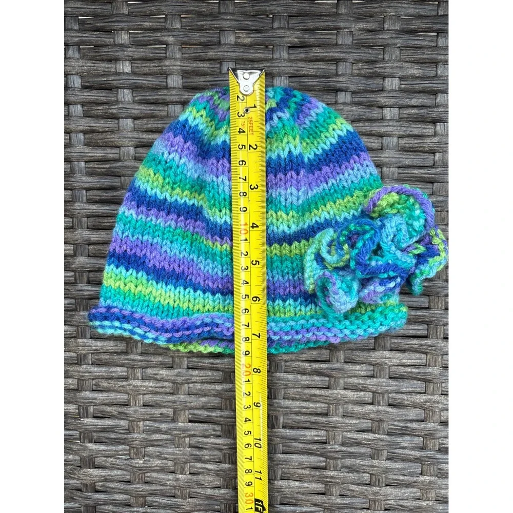 Handmade Kids Knit Beanie Blue Green Purple Striped Flower Winter Hat